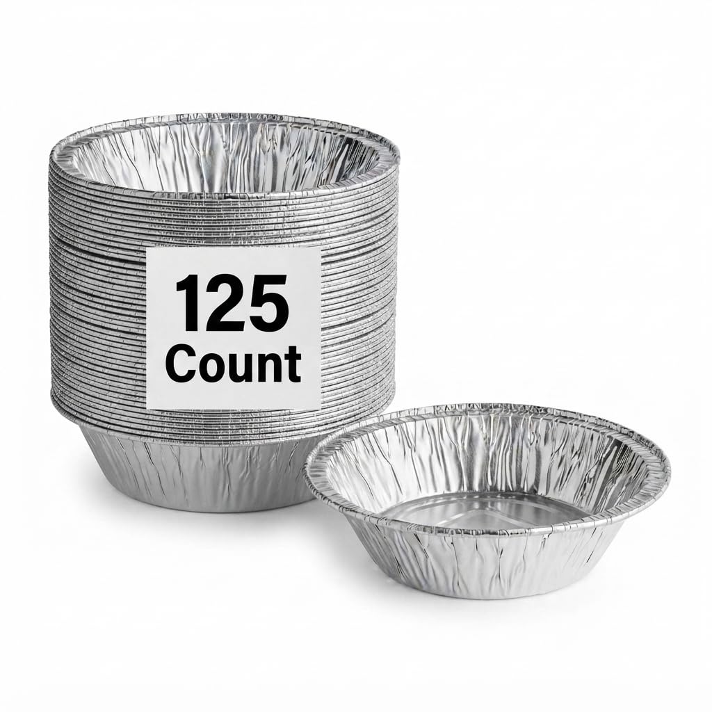 Glownary Disposable Aluminum Foil Pie Pan, 5.75 x 1.625 Inch Deep, Silver, 45 Gauge, Round, Kosher, 125 Pack