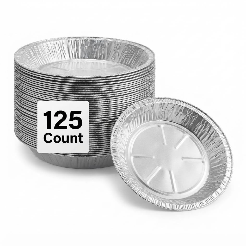 Glownary Extra Deep Foil Pie Pan, 9 x 1.25 Inch, Silver Aluminum, Round, 125 Pack, Wagon Wheel Design Baking Pan, Oven and Freezer Safe