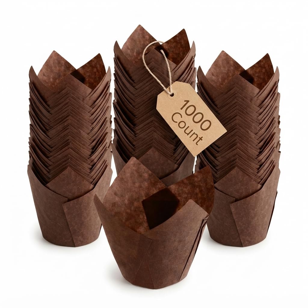 Glownary Chocolate Brown Tulip Baking Cups, 2 x 3 Inch, Heavy Weight Paper, Grease-Proof, Oven Safe, 1000 Count Case