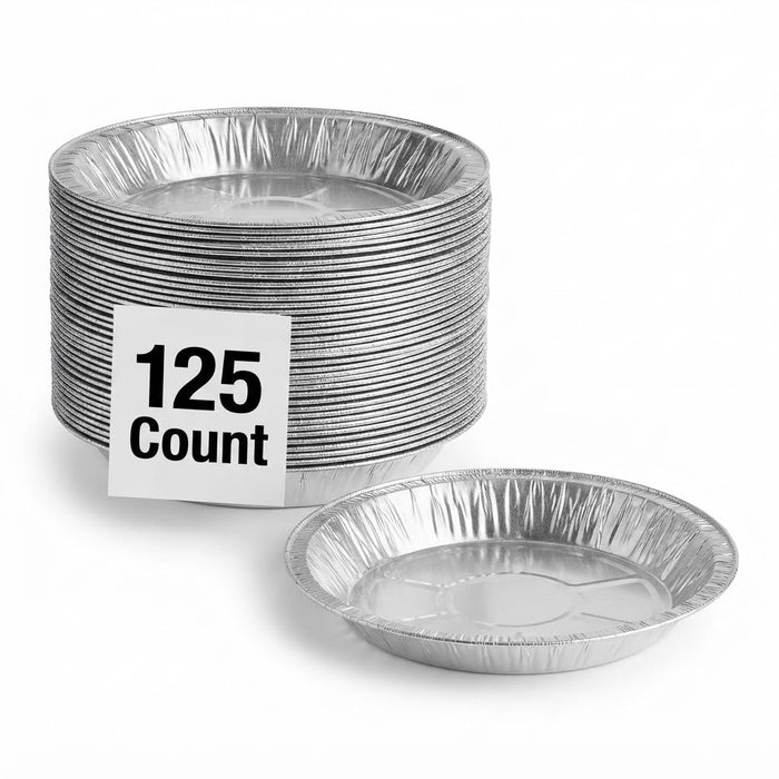 Glownary 9-Inch Medium Depth Aluminum Foil Pie Pans, Silver, Round, 38 Gauge, Disposable, Oven and Freezer Safe, 125 Pack