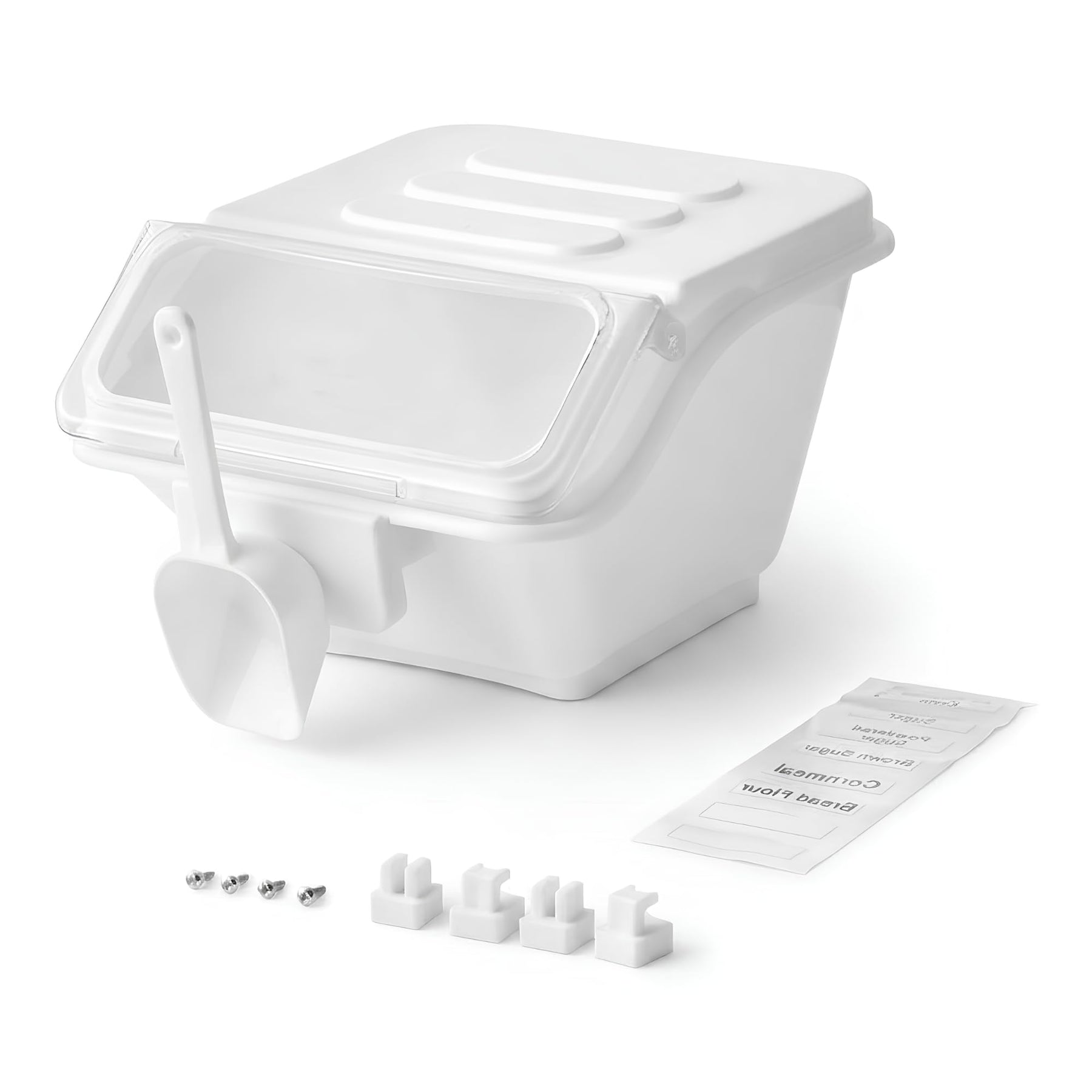 Glownary 2.6 Gallon Ingredient Storage Bin with Flip Lid, Clear Plastic Container, Shelf Clip Design, 12.1x14x8.5 Inches, Includes Scoop and Labels