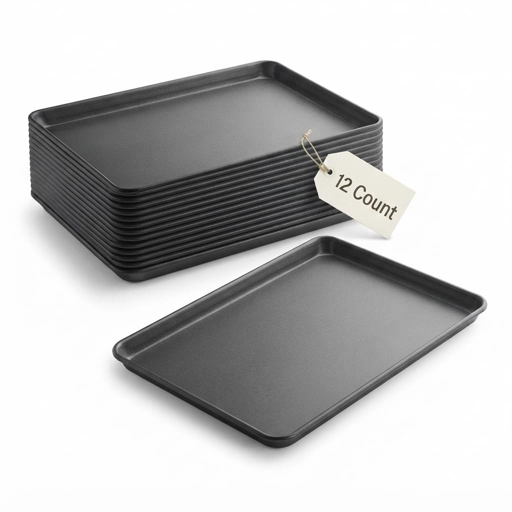 Glownary Half Size Sheet Pan, 18 Gauge Aluminum, Non-Stick Gray, Wire Rim, 13 x 18 Inch, 12 Pack for Commercial Baking