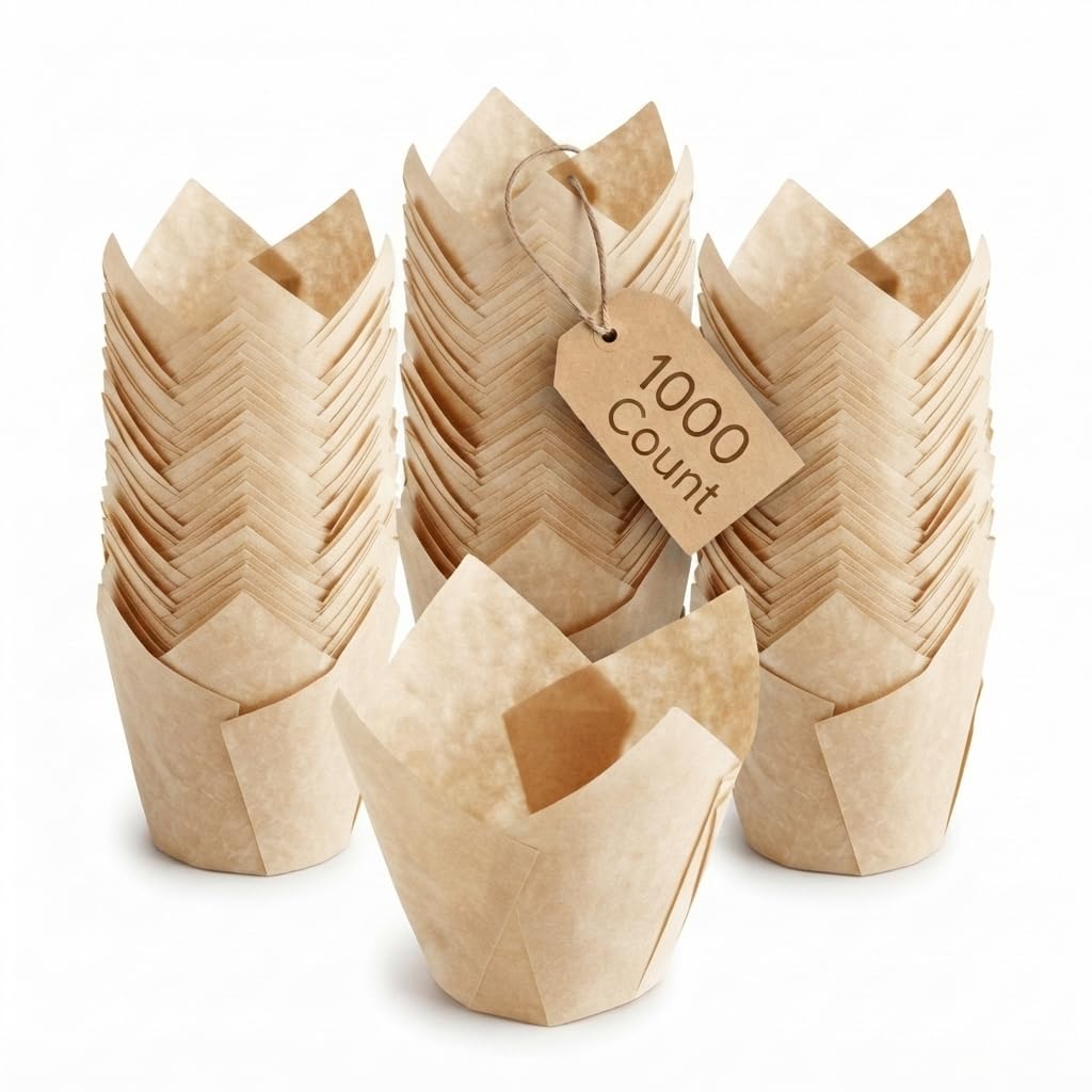 Glownary Unbleached Natural BrownTulip Baking Cups, 2 x 3 Inch, Heavy Weight Paper, Grease-Proof, Oven Safe, 1000 Count