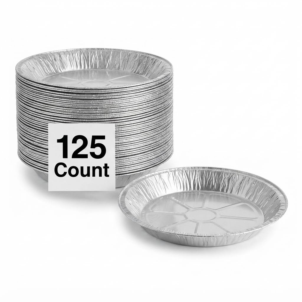 Glownary Aluminum Foil Pie Pan, 11.75 x 1.375 Inch, Extra Deep, Silver, 50 Gauge, Round, Disposable, Oven Safe, 125 per Pack