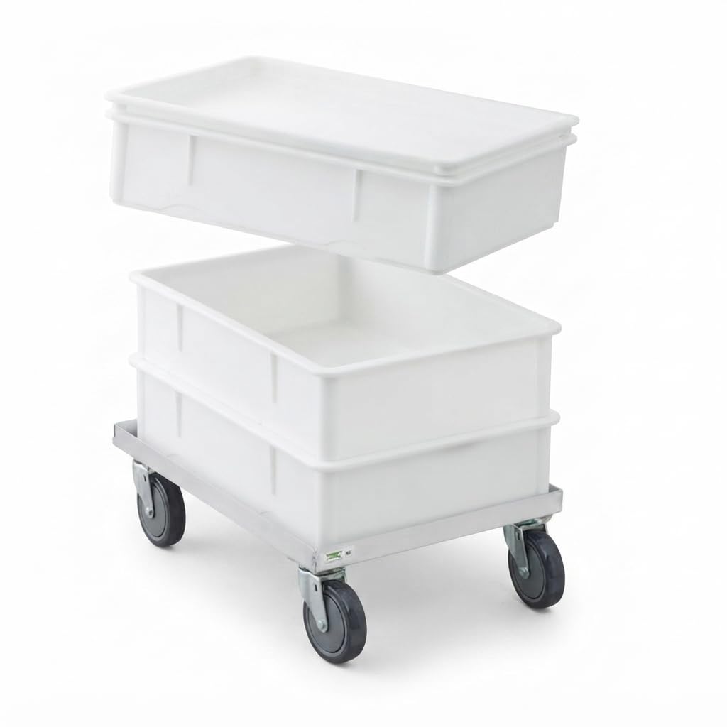 Glownary Commercial Dough Proofing Box Set, White Polypropylene, 3 Stackable Boxes with Lid and Aluminum Dolly, 25.5 x 18 x 6 Inches, for Bakery and Pizza