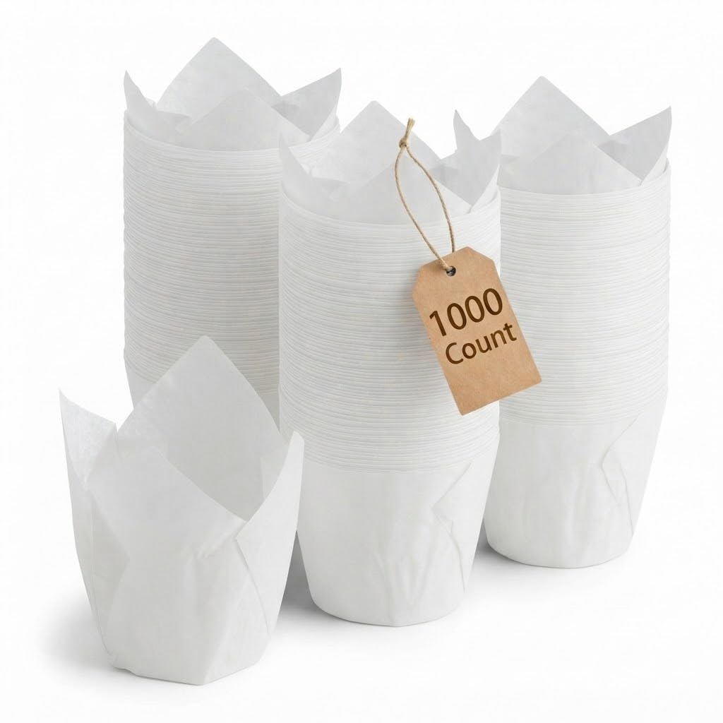 Glownary White Tulip Baking Cups, Heavy Weight Paper, 2x3.5 Inch, Grease-Proof, Oven Safe, 1000 Count Case