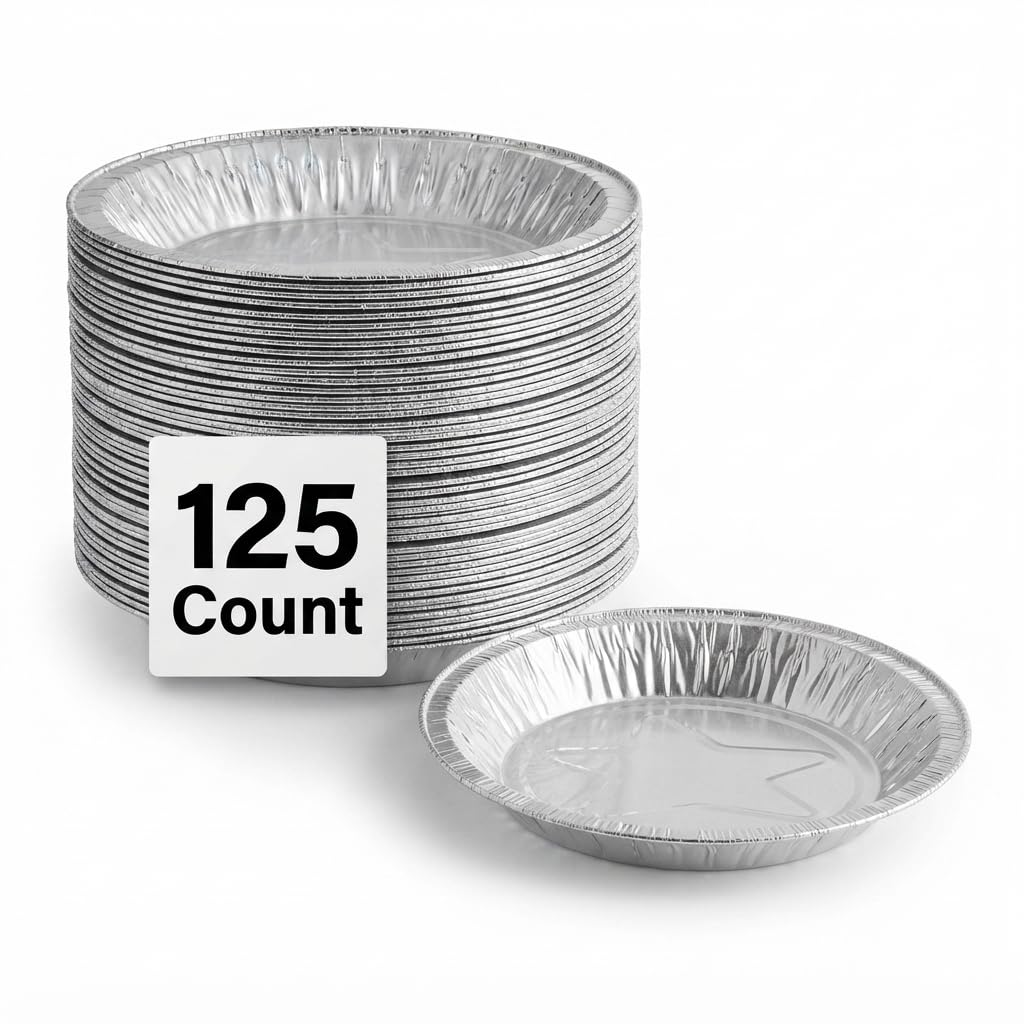 Glownary Aluminum Foil Pie Pan, 7 15/16 x 1 1/8 Inches Deep, Silver, 45 Gauge, Round, Disposable with Star Base Design, 125 per Pack