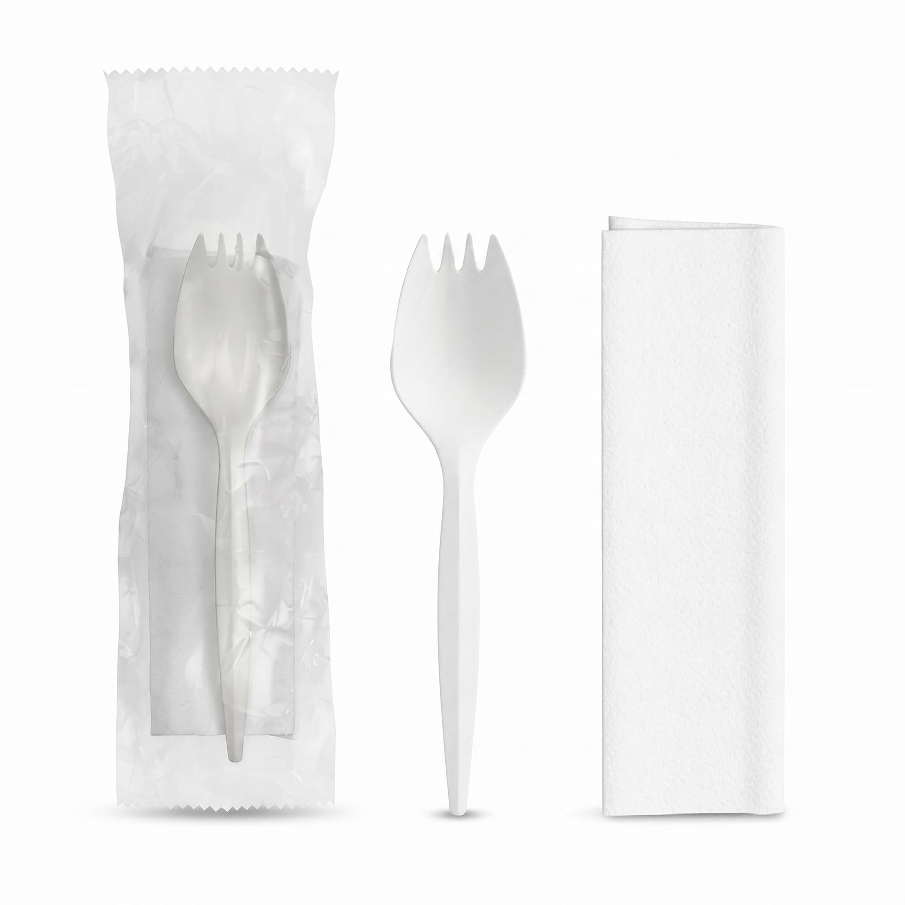 Medium Weight Polypropylene Plastic Spork and Napkin Kit, White, Individually Wrapped, 5.5 Inches, 1000 per Case