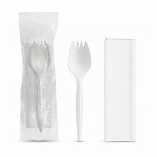 Medium Weight Polypropylene Plastic Spork and Napkin Kit, White, Individually Wrapped, 5.5 Inches, 1000 per Case