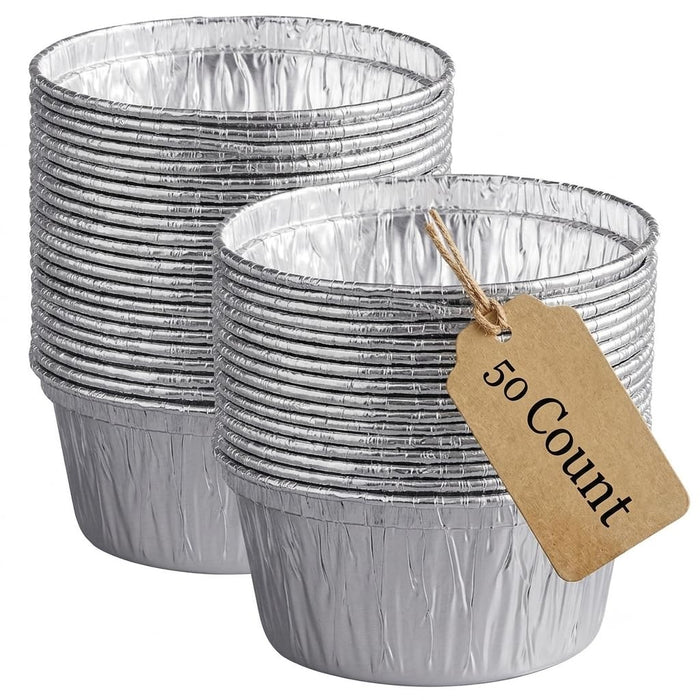 Glownary Round Foil Ramekin Cups, 4 oz, Silver Aluminum, 50-Pack, Disposable Containers for Sauces, Freezer and Oven Safe, 3.5 x 1.625 Inch