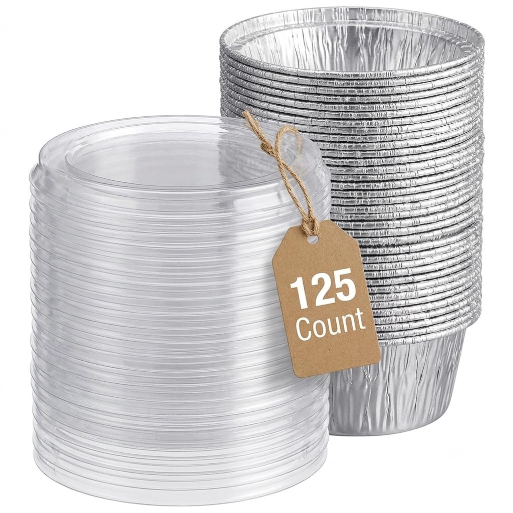 Glownary 4 oz Round Aluminum Foil Ramekin Cups with Plastic Lids, Silver, 3.5 x 1.5 Inches, Stackable, Freezer Safe, 125 Pack