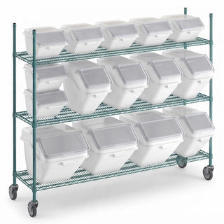 Glownary 18x72 Inch Epoxy Wire Shelving Unit with 15 Storage Bins, 4 Shelves, Mobile Cart, 600lb per Shelf, Green and White, with Casters and Scoops