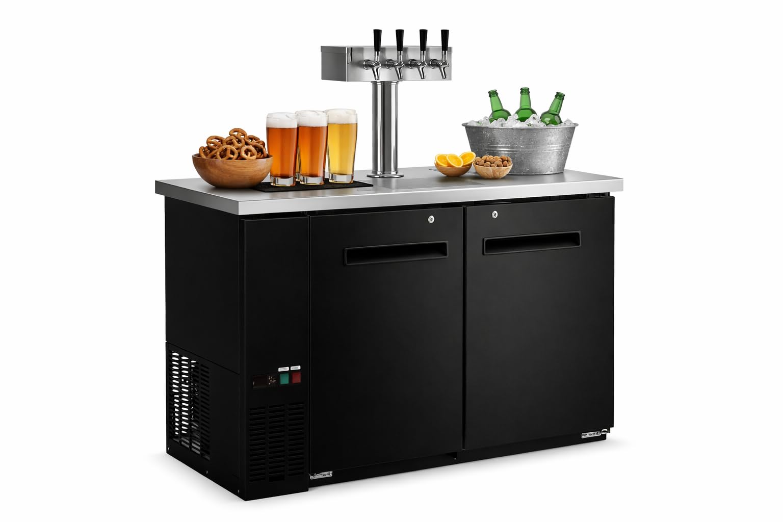Glownary 48-Inch Commercial 4-Tap Beer Kegerator, Black, 2-Door with LED Lighting, 2 Half-Barrel Capacity, Self-Closing Doors, 48.75x24.44x35.63 Inches