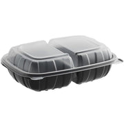 Black Polypropylene Hinged Container, 9x6x3 Inches, 2-Compartment, Microwaveable, BPA Free, Stackable Food Storage Container, 100 Count Case