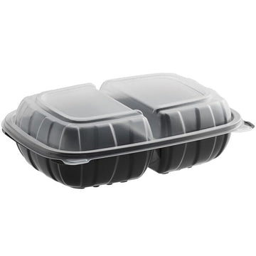 Black Polypropylene Hinged Container, 9x6x3 Inches, 2-Compartment, Microwaveable, BPA Free, Stackable Food Storage Container, 100 Count Case