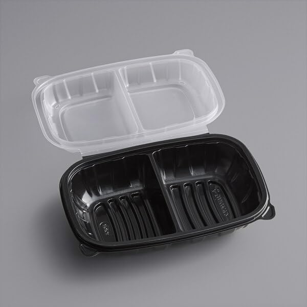 Black Polypropylene Hinged Container, 9x6x3 Inches, 2-Compartment, Microwaveable, BPA Free, Stackable Food Storage Container, 100 Count Case view 2