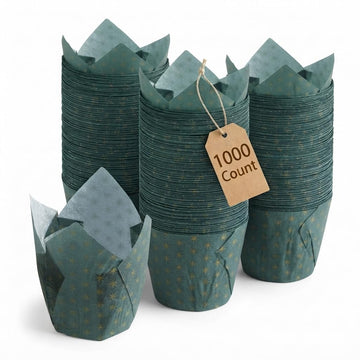 Glownary Tulip Baking Cups, Chorus Green and Gold Print, Heavy Weight Paper, 2x3.25 Inch, Grease-Proof, Oven Safe, 1000 Count