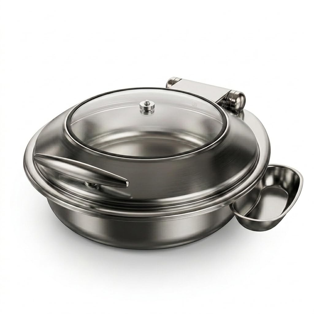 Glownary Voyage Round Stainless Steel Induction Chafer, 6 Qt, Glass Top with Soft-Close Lid, Silver Mirror-Polished Finish, 18 Inch