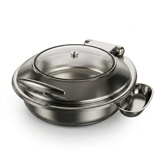 Glownary Voyage Round Stainless Steel Induction Chafer, 6 Qt, Glass Top with Soft-Close Lid, Silver Mirror-Polished Finish, 18 Inch