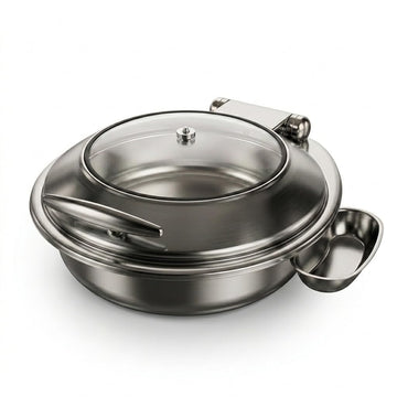 Glownary Voyage Round Stainless Steel Induction Chafer, 6 Qt, Glass Top with Soft-Close Lid, Silver Mirror-Polished Finish, 18 Inch