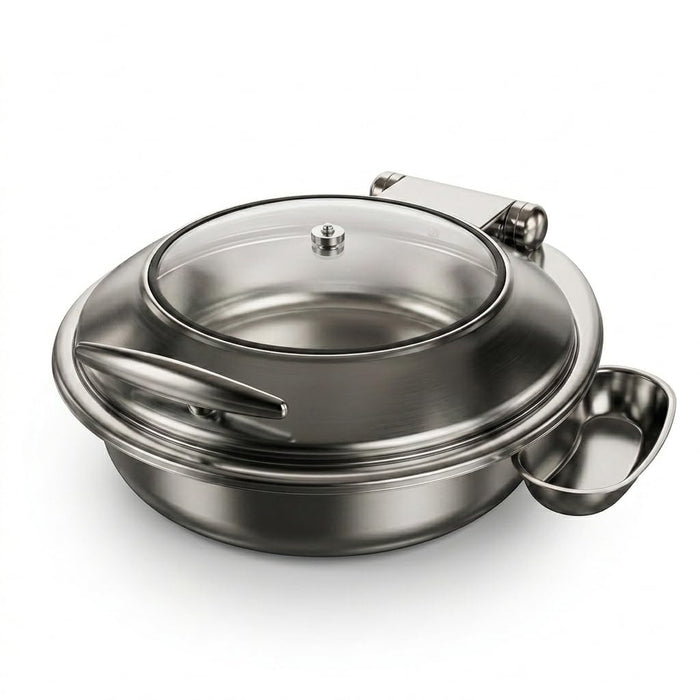 Glownary Voyage Round Stainless Steel Induction Chafer, 6 Qt, Glass Top with Soft-Close Lid, Silver Mirror-Polished Finish, 18 Inch