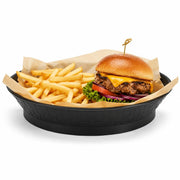 Glownary 10.5 Inch Round Black Plastic Platter, Stackable Dishwasher Safe Fast Food Basket with Base, 12 Pack