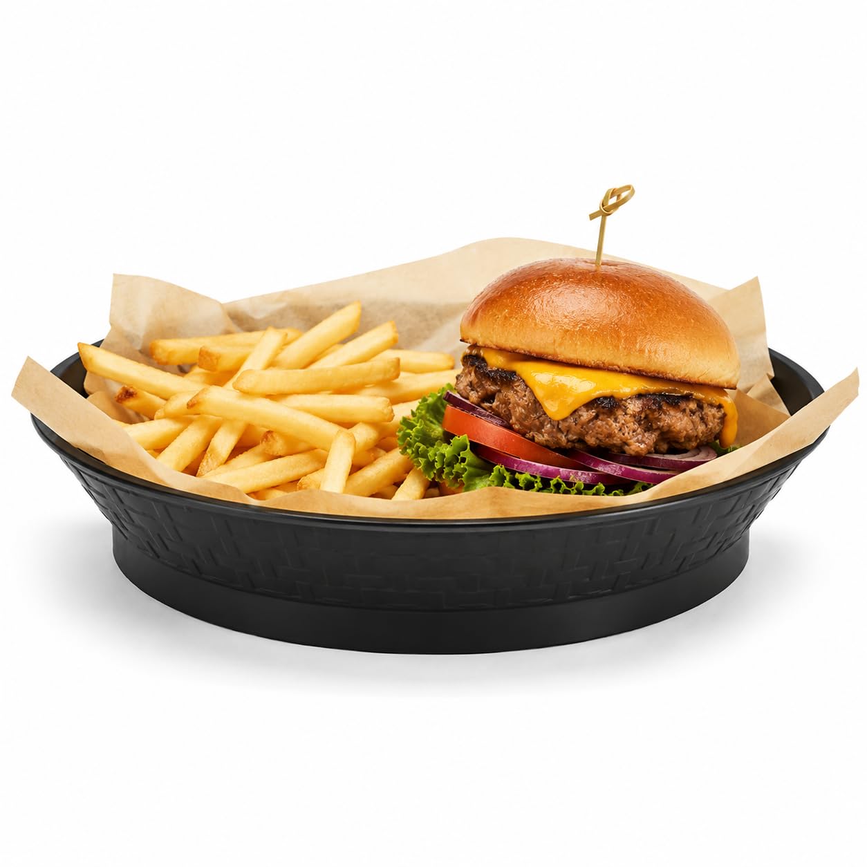 Glownary 10.5 Inch Round Black Plastic Platter, Stackable Dishwasher Safe Fast Food Basket with Base, 12 Pack