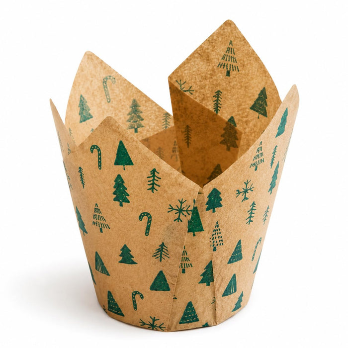 Glownary Modern Christmas Green Print Tulip Baking Cups, 2x3.25 Inch, Paper, Grease-Proof, Oven Safe, Holiday Theme, 1000 Count per Case