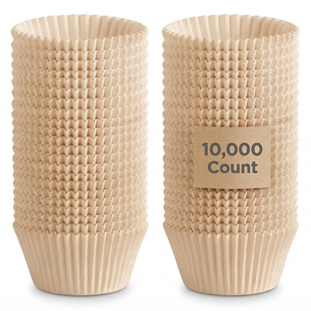 Glownary Brown Paper Fluted Baking Cups, 2x1.25 Inch, Natural Unbleached Cupcakes and Muffins Cups, Oven Safe, 10,000 Count per Case