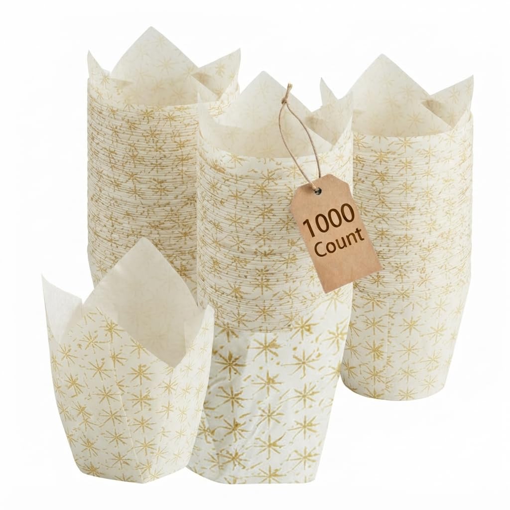 Glownary White and Gold Tulip Baking Cups, 2x3.25 Inch, Heavy Weight Paper, Grease-Proof, Oven Safe to 428°F, 1000 Count per Case