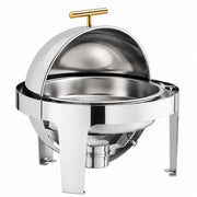 Glownary Supreme Round Chafer, 6.5 Qt Stainless Steel with Gold Accent, Roll Top Cover, Mirror Finish, 16 Inch Diameter for Buffet Tables