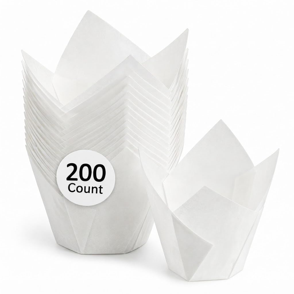 Glownary White Mini Tulip Baking Cups, 1 3/8 x 2 1/4 Inch, 1.5 oz Capacity, Grease-Proof, Oven Safe to 428°F, 200 per Pack