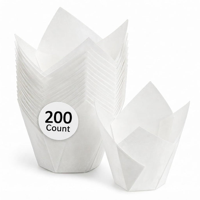 Glownary White Mini Tulip Baking Cups, 1 3/8 x 2 1/4 Inch, 1.5 oz Capacity, Grease-Proof, Oven Safe to 428°F, 200 per Pack