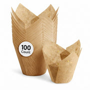 Glownary Unbleached Natural Brown Tulip Baking Cups, 2x3.5 Inch, Medium, Paper, Grease-Proof Muffins and Cupcakes Cups, Oven Safe to 428°F, 100 per Pack