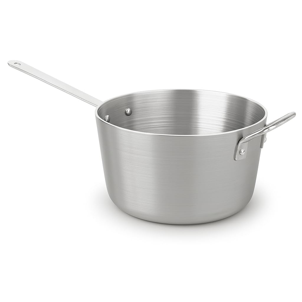 Professional 10 Qt Tapered Aluminum Sauce Pan, Silver, Round with Helper Handle, NSF Listed, Riveted Traditional Handle, 12 1/8 Inches Diameter