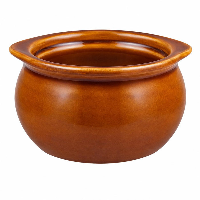 Glownary Brown and Ivory Stoneware Onion Soup Crock Bowl, 12 oz, Round with Handles, Dishwasher Safe, Microwave and Oven Safe, 24 per Case