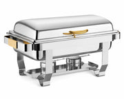 Glownary Supreme Full Size Chafer, 9 Qt Stainless Steel with Gold Accents, Hinged Top, Mirror Finish, Rectangle, 25.25x18.25x15 Inches