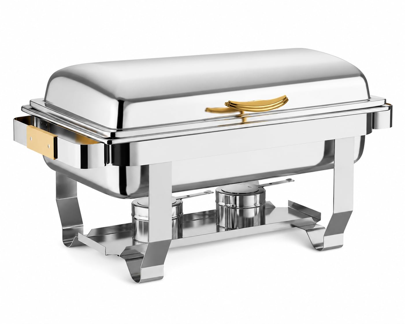 Glownary Supreme Full Size Chafer, 9 Qt Stainless Steel with Gold Accents, Hinged Top, Mirror Finish, Rectangle, 25.25x18.25x15 Inches