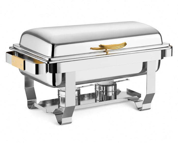 Glownary Supreme Full Size Chafer, 9 Qt Stainless Steel with Gold Accents, Hinged Top, Mirror Finish, Rectangle, 25.25x18.25x15 Inches