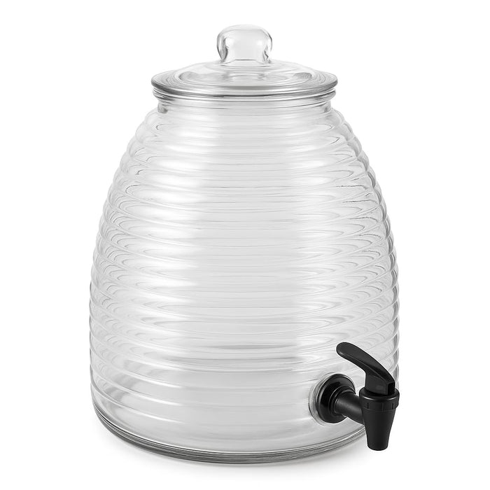 Glownary Glass Beverage Dispenser, 2.4 Gallon Beehive Design, Clear Crystal with Matching Lid, Dishwasher Safe, 12 x 10 x 12.75 Inches
