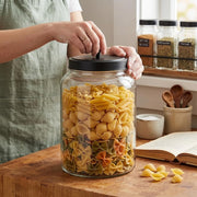 Glownary Dusk Glass Storage Jar with Black Metal Lid, 2 Gallon Capacity, Clear Crystal, Round Shape, 13 Inches Height, for Food Display view 2