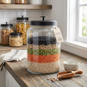Glownary Dusk Glass Storage Jar with Black Metal Lid, 2 Gallon Capacity, Clear Crystal, Round Shape, 13 Inches Height, for Food Display view 5