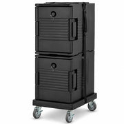 Front Loading Insulated Food Pan Carrier Kit, Black Polyethylene, 12-Pan Capacity with Dolly and Strap, Double Style, Hot/Cold Compartment, 18.7x26.7x48.8 Inches