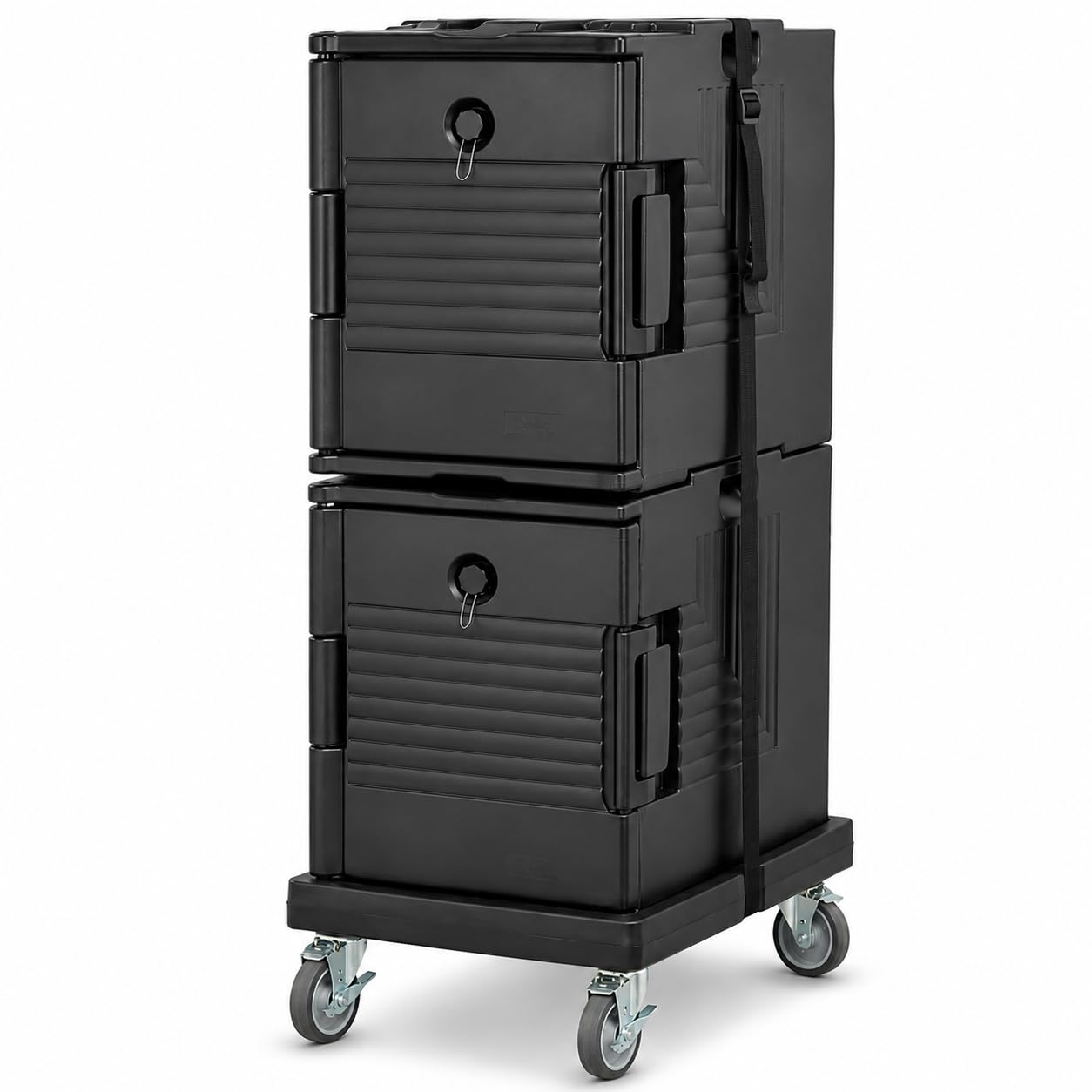 Front Loading Insulated Food Pan Carrier Kit, Black Polyethylene, 12-Pan Capacity with Dolly and Strap, Double Style, Hot/Cold Compartment, 18.7x26.7x48.8 Inches