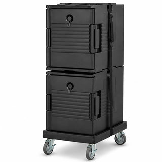 Front Loading Insulated Food Pan Carrier Kit, Black Polyethylene, 12-Pan Capacity with Dolly and Strap, Double Style, Hot/Cold Compartment, 18.7x26.7x48.8 Inches