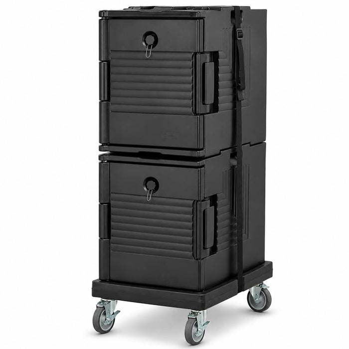 Front Loading Insulated Food Pan Carrier Kit, Black Polyethylene, 12-Pan Capacity with Dolly and Strap, Double Style, Hot/Cold Compartment, 18.7x26.7x48.8 Inches