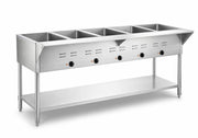 5-Pan Electric Steam Table, Stainless Steel, 71x30x34 Inches, 3750W, Open Well with Undershelf, 208/240V, Silver