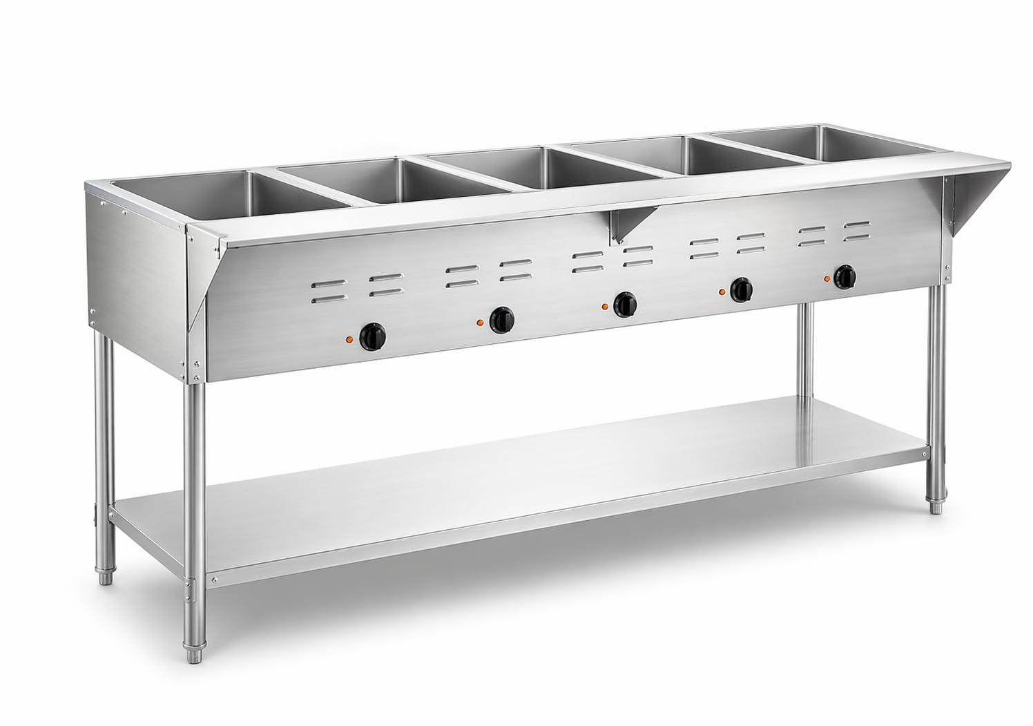 5-Pan Electric Steam Table, Stainless Steel, 71x30x34 Inches, 3750W, Open Well with Undershelf, 208/240V, Silver
