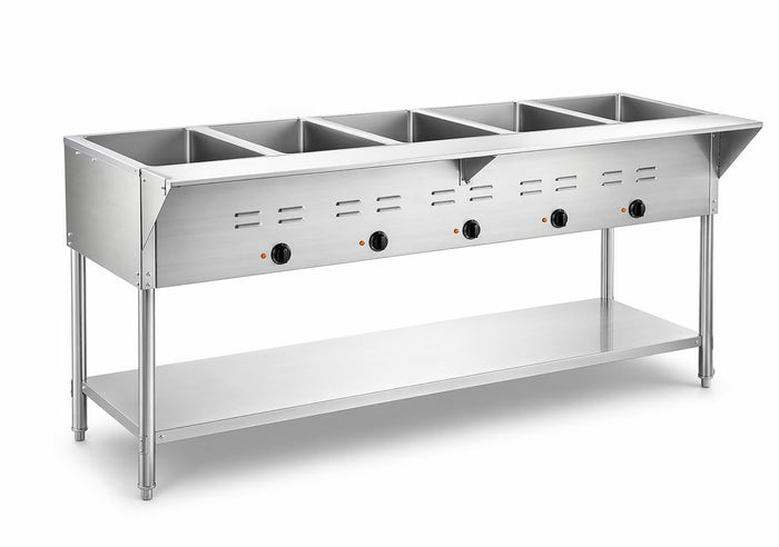 5-Pan Electric Steam Table, Stainless Steel, 71x30x34 Inches, 3750W, Open Well with Undershelf, 208/240V, Silver