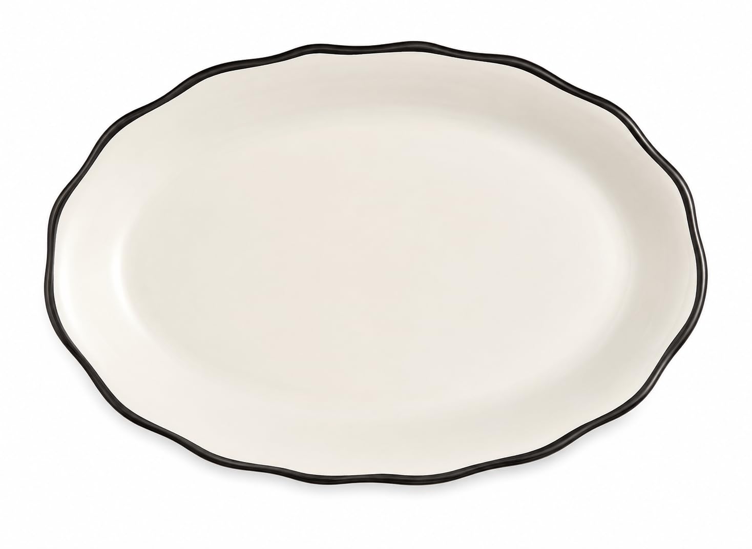 Glownary Oval Stoneware Platter, 11 5/8 x 8 1/2 Inch, Ivory with Black Band, Scalloped Edge, Wide Rim, 12 per Case